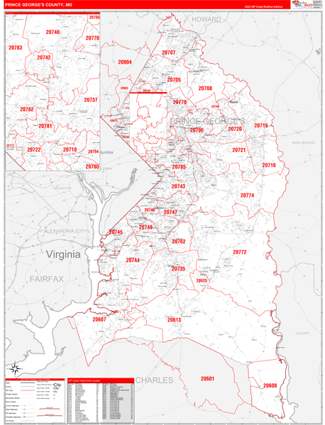 Prince George's County, MD Zip Code Wall Map